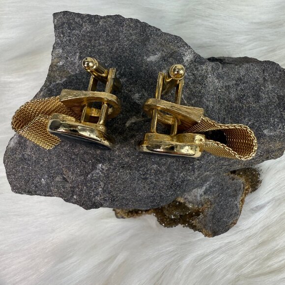 Vintage Men's Cuff Links Black Oval Mesh Wrap Around MCM Formal - Picture 4 of 8